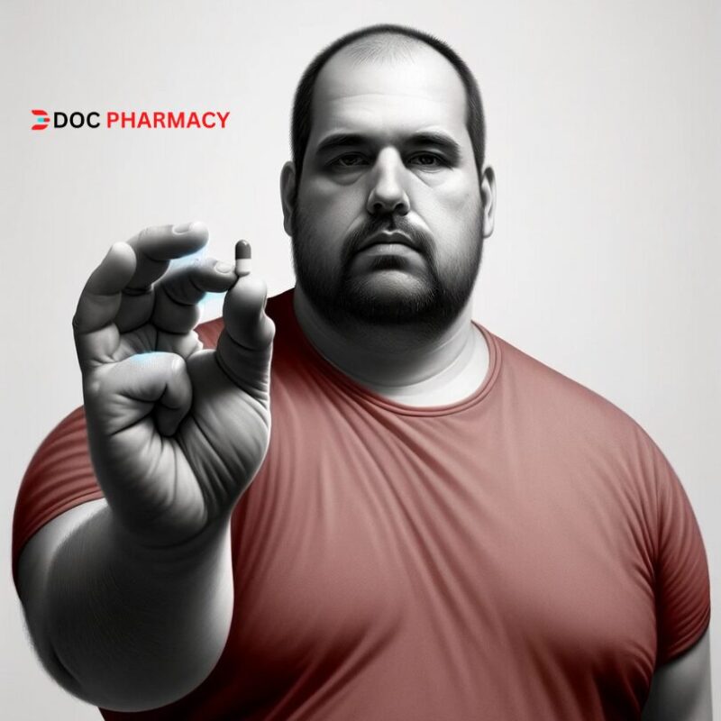 fat man with pill in his hand